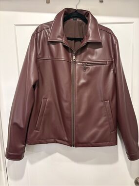 SHEIN Men's Faux Leather Zip Jacket - Burgundy